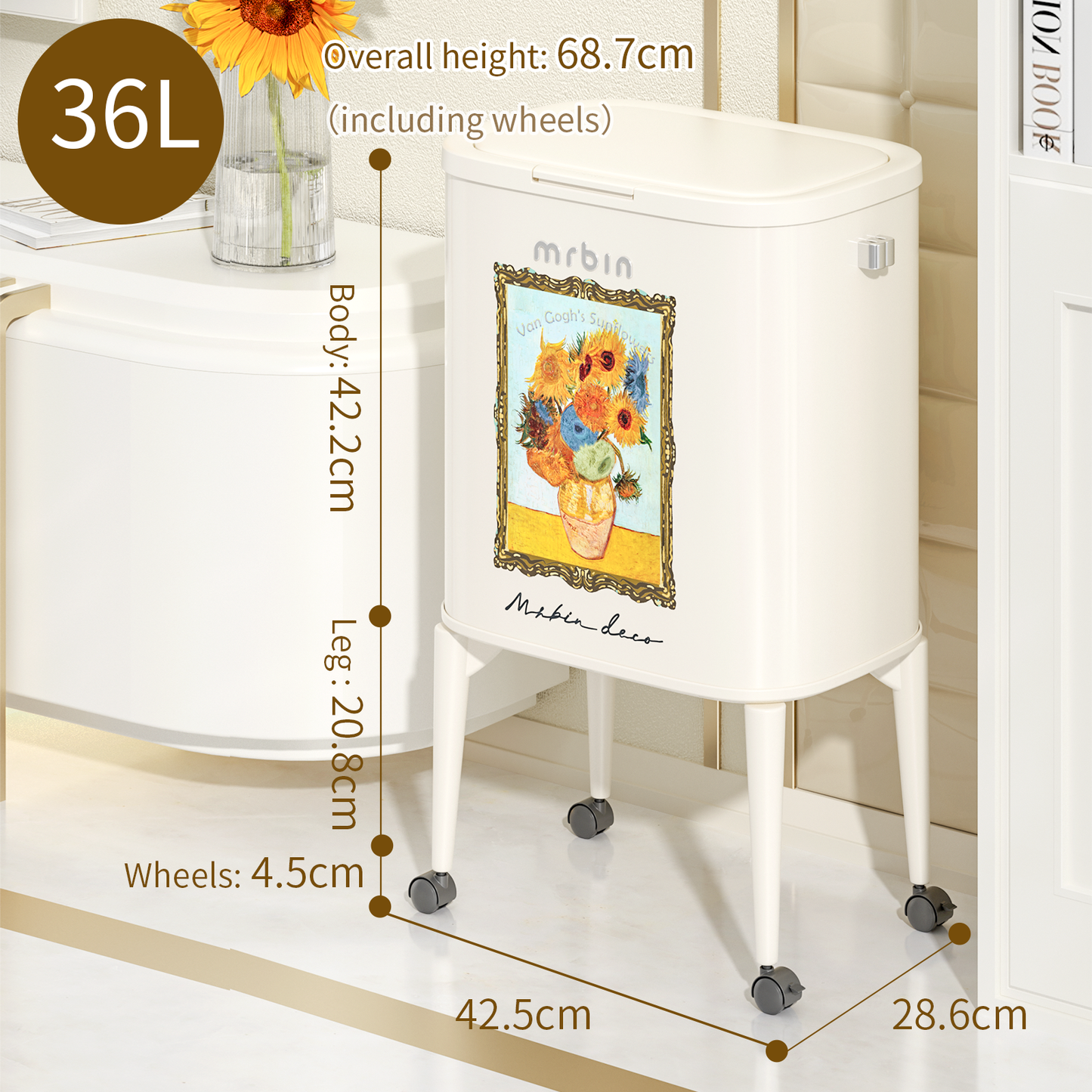 Kitchen Trash Can with Wheel Legs, 36L / 9.5gal, Sunflower