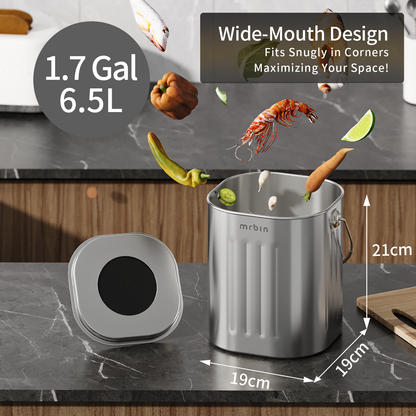 Stainless Steel Kitchen Compost Bin Countertop Trash Can with Lid and Charcoal Filter, Metal Small Indoor Rubbish Dustbin for Food Waste Recycle