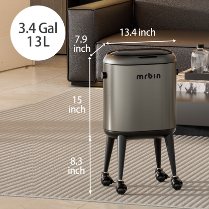 Stainless Steel Slim Bathroom Motion Sensor Trash Can with Lid and Wheels, 13L / 3.4gal Electric Touchless Toilet Waste Basket with Legs for Narrow Vanity, Rvs, Dorm, Kitchen, Eclipse Grey