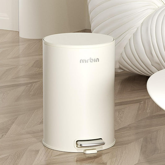 Mrbin Small Metal Bathroom Trash Can with Lid, Step Waste Basket for Bedroom, 9L / 2.4gal Round Garbage Pail Kitchen with Plastic Inner Bucket and Stainless Steel Pedal, White