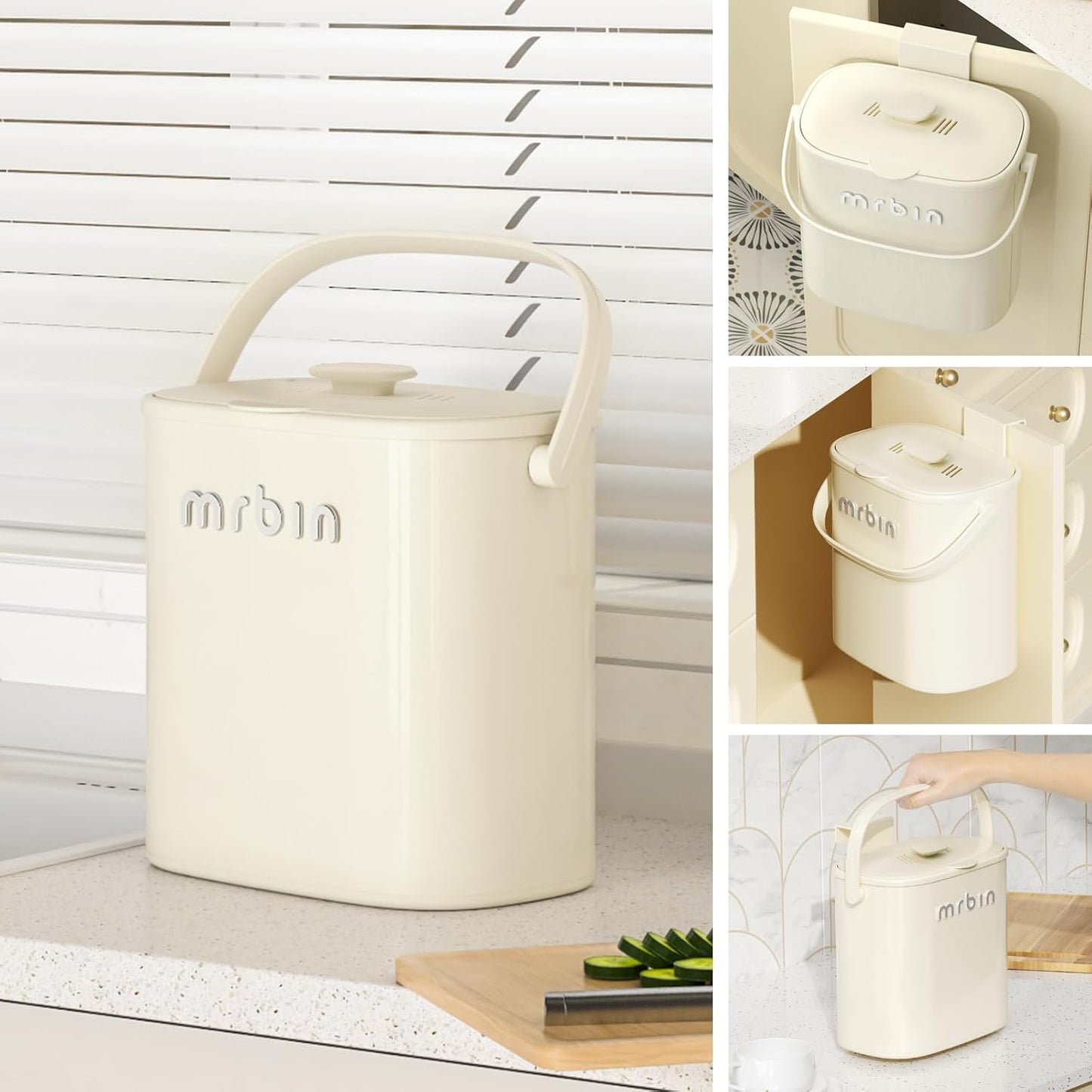 Mrbin Metal Kitchen Compost Bin Countertop and Hanging Kitchen Trash Can with Lid and Charcoal Filter, Small Dustbin For Food Waste Recycle Indoor, White