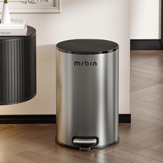 Mrbin Stainless Steel Bathroom Trash Can with Lid, 13L / 3.4gal Step Waste Basket for Bedroom, Round Garbage Pail Kitchen with Plastic Inner Bucket and Pedal Fingerprint-Proof, Eclipse-Grey