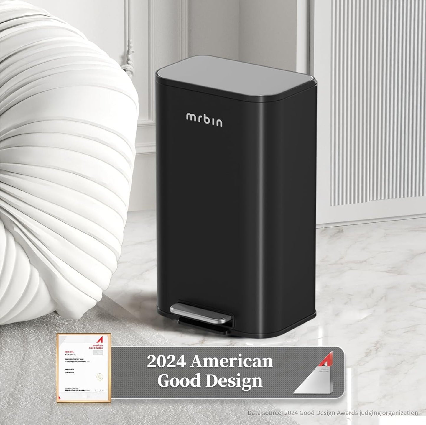 Mrbin Metal Bathroom Trash Can with Stainless Steel Lid and Pedal, 13L / 3.4Gal Step Touchless Rectangle Office Waste Basket, Soft Close Garbage Pail for Near Desk, Bedroom, Small Kitchen, Rv, Black