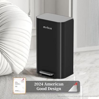 Mrbin Metal Bathroom Trash Can with Stainless Steel Lid and Pedal, 13L / 3.4Gal Step Touchless Rectangle Office Waste Basket, Soft Close Garbage Pail for Near Desk, Bedroom, Small Kitchen, Rv, Black