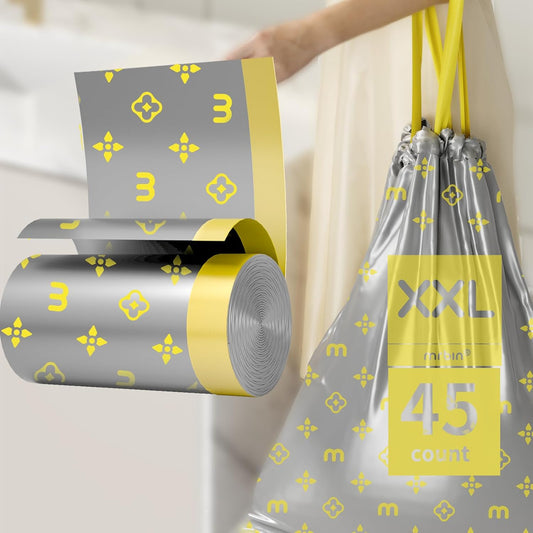 Drawstring Trash Bags 8 Gallon Heavy Duty, Cute Patterned Clear Medium Size Unscented Wastebasket Liners Ideal for Kitchen, Bathroom Litter, 45 Count, Silver Gray
