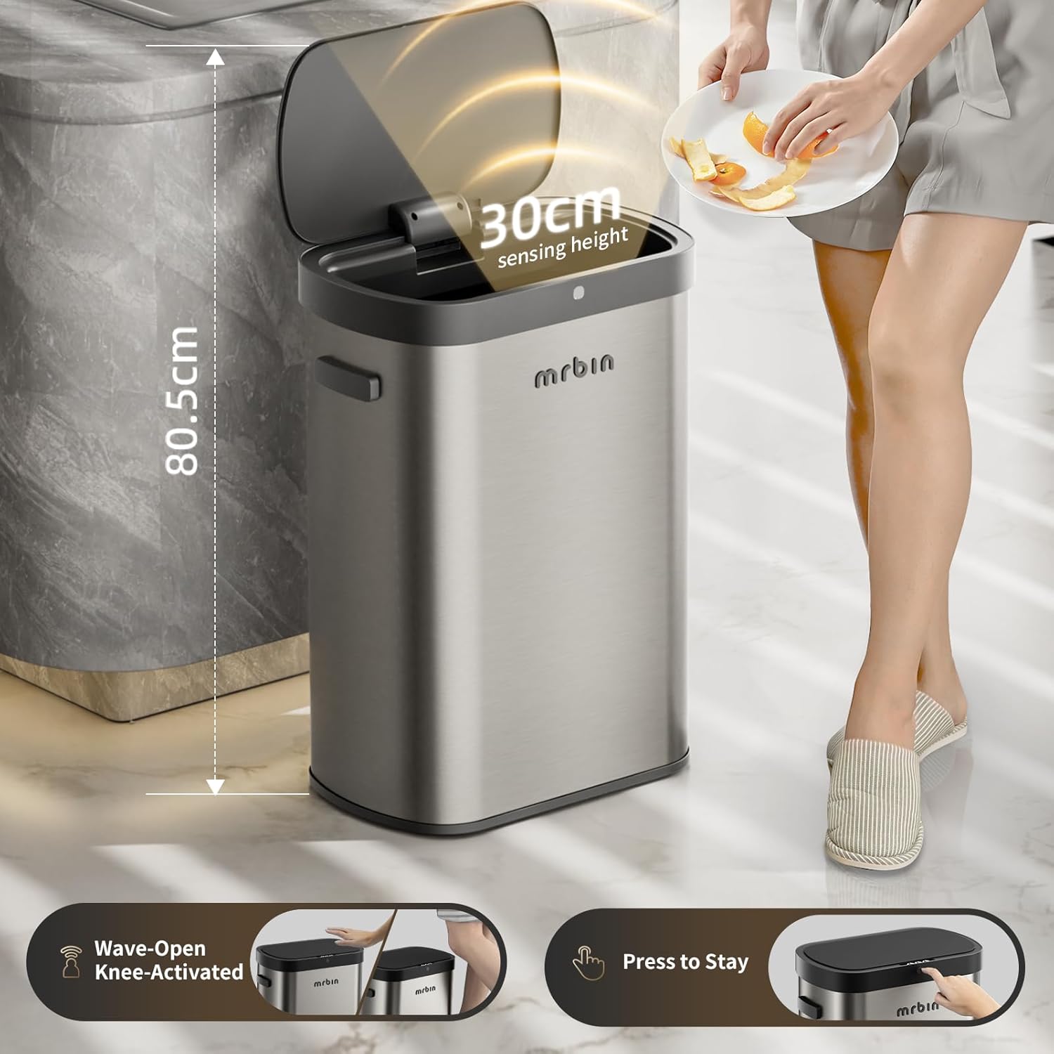 Mrbin Automatic 50L/13gal Stainless Steel Trash Can with Lid, Large Commercial Touchless Motion Sensor Waste Basket, Tall Rectangle Garbage Bin for Kitchen, Garage, Office, Eclipse Grey