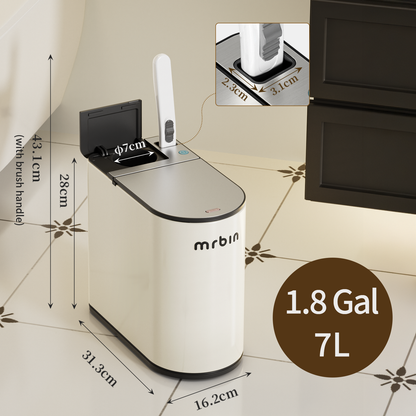 Motion Sensor Bathroom Trash Can and Disposable Toilet Brush Holder Set, 1.8 Gallon Slim Touchless Small Garbage Pail, Toilet Smart Waste Basket with Lid and Odor Filter, Cream White