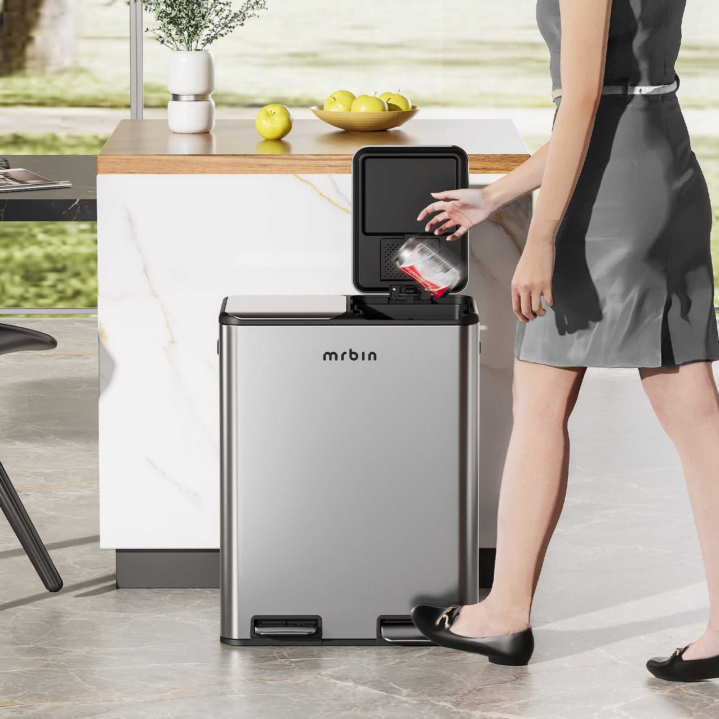 Dual Trash Can Recycling Bin Combo Stainless Steel, 60L / 16gal Large Kitchen Garbage Pail with Lid, 2 x 8 Gallon (2 x 30 Liter) Tall Large Step Rectangle Double Compartment Sided Waste Basket