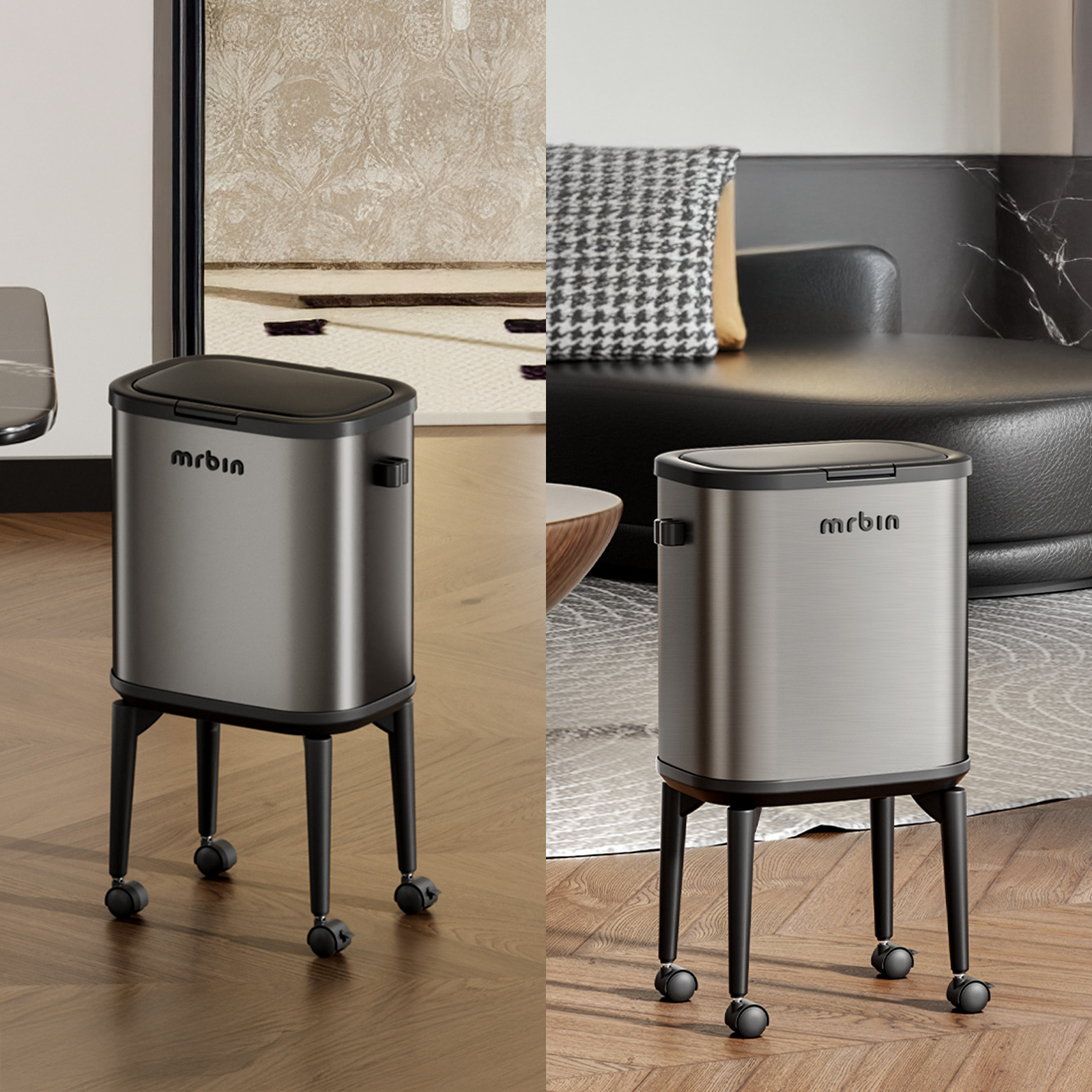 Stainless Steel Slim Bathroom Trash Can with Legs and Wheels, 15L / 4gal Toilet Press Lid Waste Basket, Covered Office Garbage Pail for Near Desk, Narrow Vanity, Rvs, Kitchen, Eclipse Grey