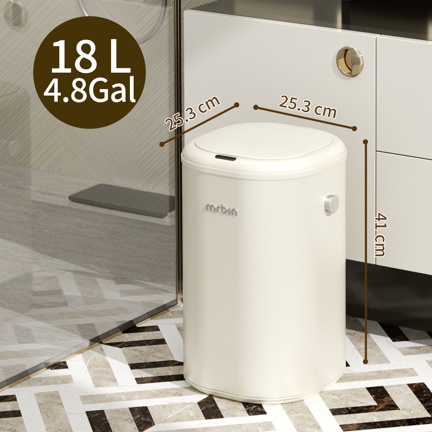 Adsorption Metal Kitchen Motion Sensor Trash Can Removable, 18L / 4.8gal Automatic Absorbing Bag Lidded Garbage Bin with Wheels, Commercial Waste Basket for Office and Bedroom, Bathroom, White