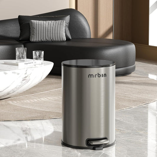 Mrbin Stainless Steel Bathroom Trash Can with Lid, 9L / 2.4gal Step Waste Basket for Bedroom, Round Garbage Pail Kitchen with Plastic Inner Bucket and Pedal Fingerprint-Proof, Eclipse-Grey