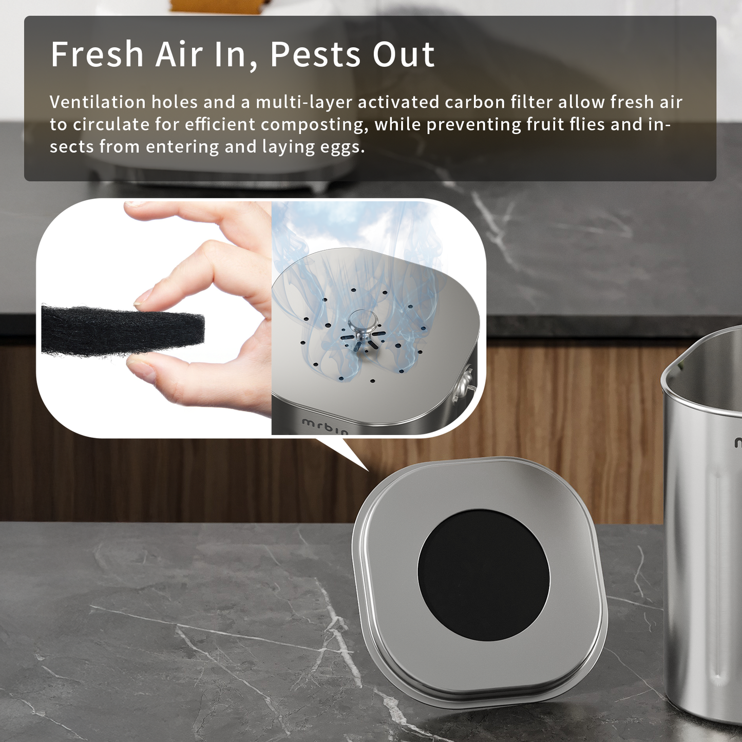 Stainless Steel Kitchen Compost Bin Countertop Trash Can with Lid and Charcoal Filter, Metal Small Indoor Rubbish Dustbin for Food Waste Recycle