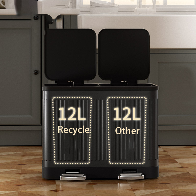 Dual Trash Can for Kitchen Black 24L